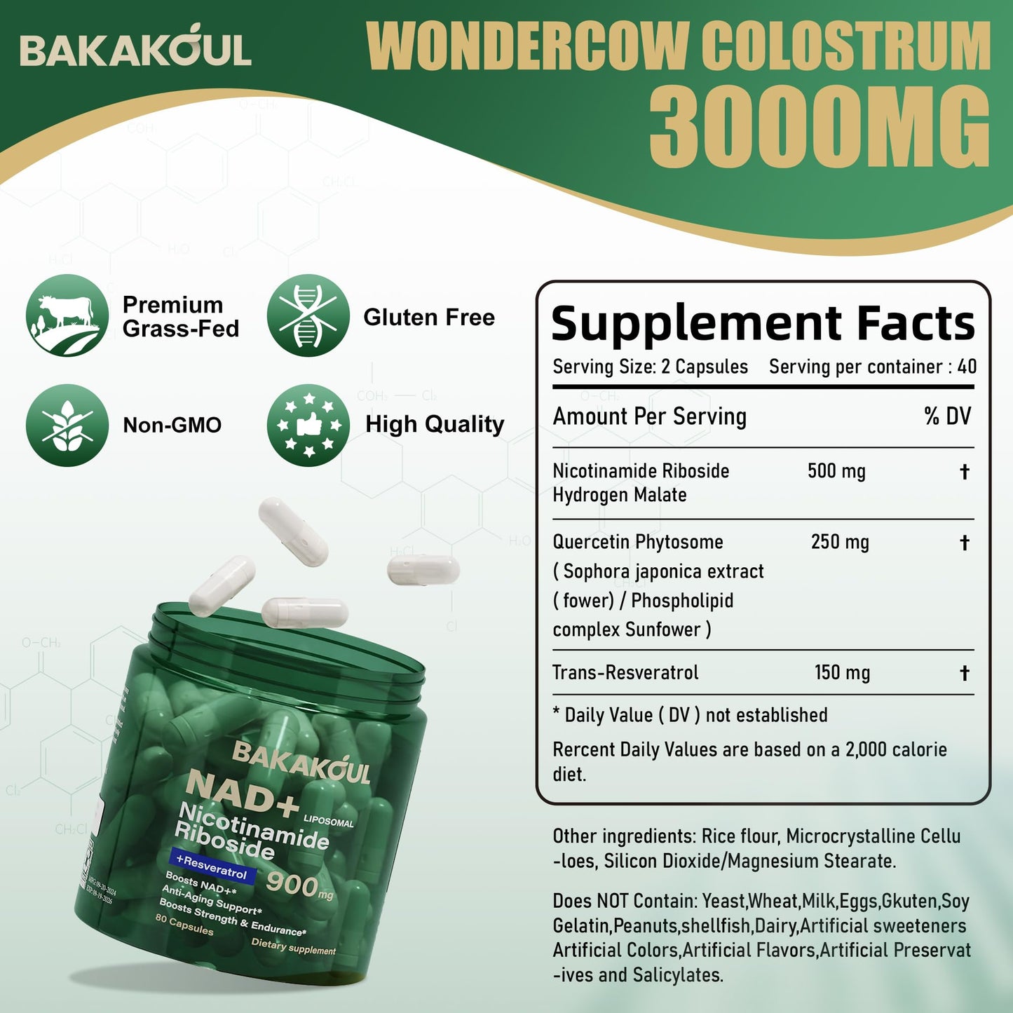 BAKAKOUL NAD Supplement – Liposomal NR & Resveratrol (900mg NAD+) 80 Caps