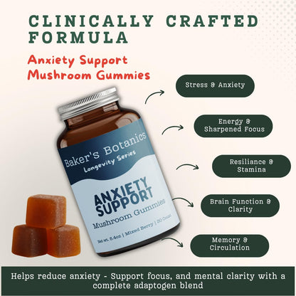 Baker's Botanics Longevity Anxiety Support Gummies | Calm, Stress Relief & Mood Balance