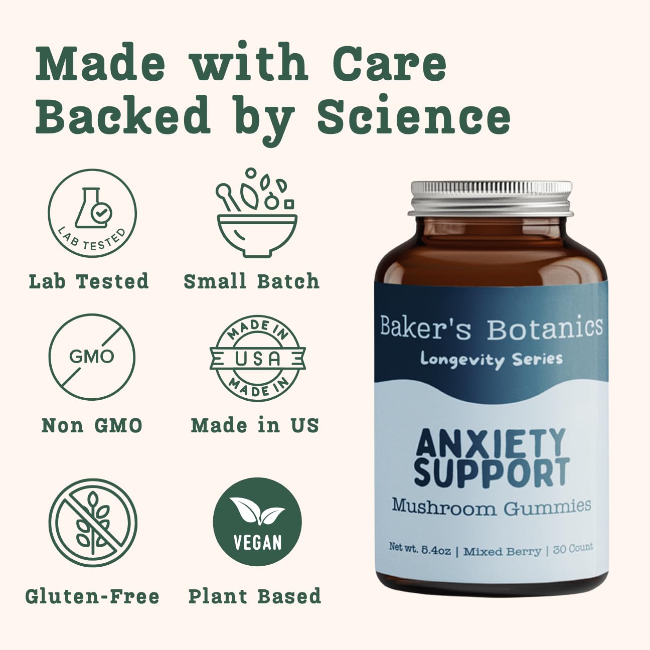Baker's Botanics Longevity Anxiety Support Gummies | Calm, Stress Relief & Mood Balance