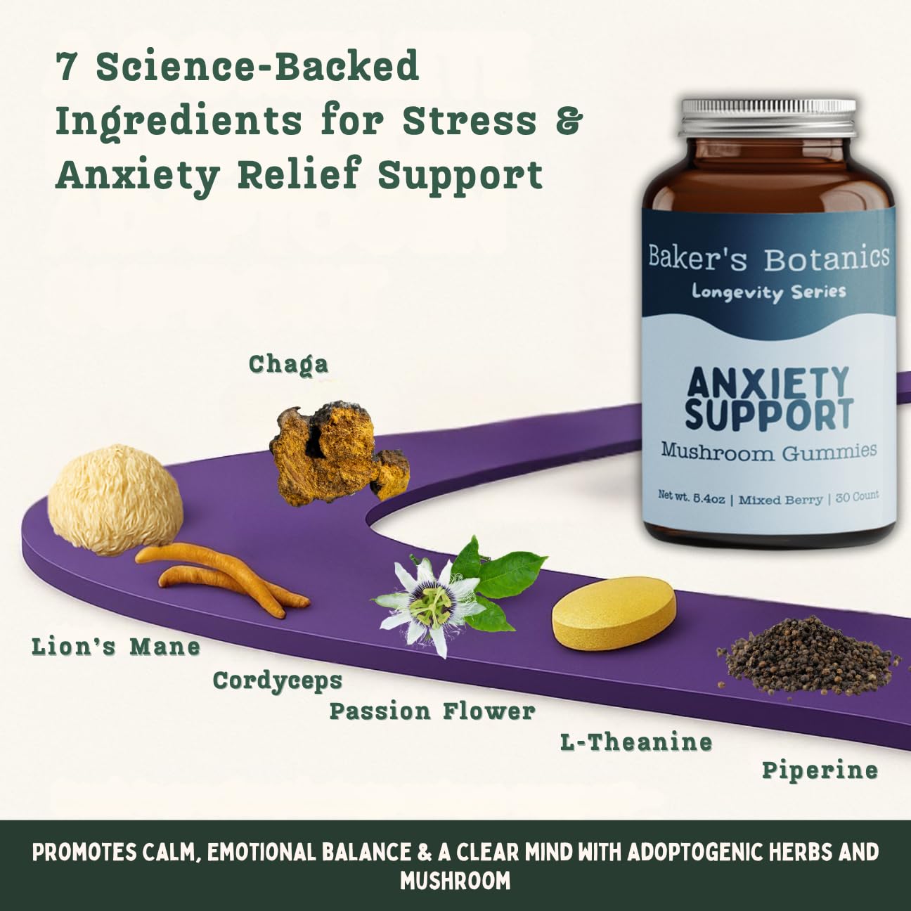 Baker's Botanics Longevity Anxiety Support Gummies | Calm, Stress Relief & Mood Balance