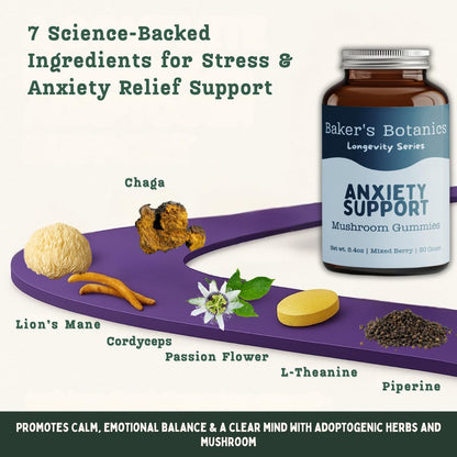 Baker's Botanics Longevity Anxiety Support Gummies | Calm, Stress Relief & Mood Balance