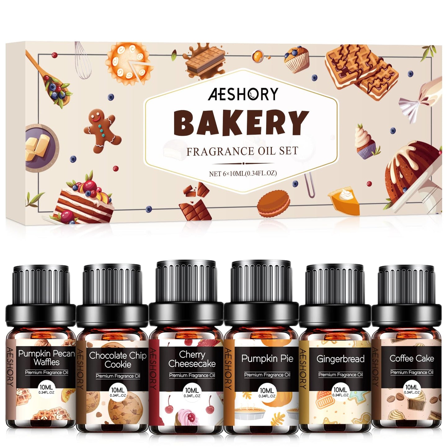 Bakery Essential Oils Set 6x10ML – Pumpkin Pie, Coffee Cake, Gingerbread, Cherry Cheesecake for Diffusers & Candle Making