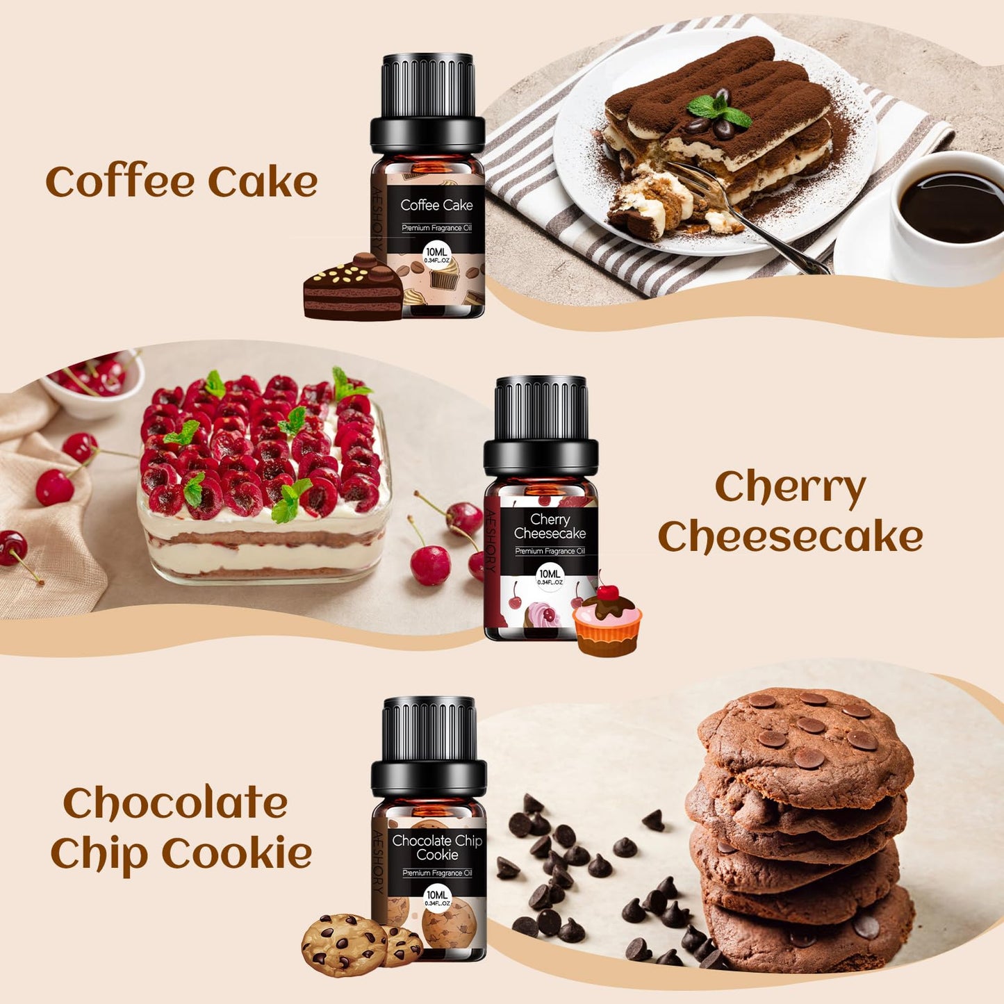 Bakery Essential Oils Set 6x10ML – Pumpkin Pie, Coffee Cake, Gingerbread, Cherry Cheesecake for Diffusers & Candle Making