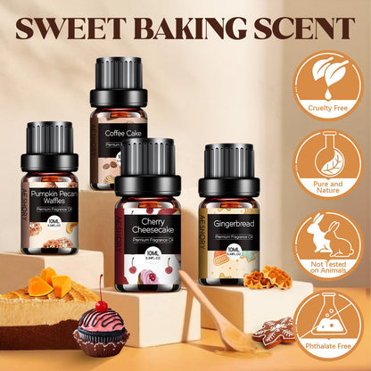 Bakery Essential Oils Set 6x10ML – Pumpkin Pie, Coffee Cake, Gingerbread, Cherry Cheesecake for Diffusers & Candle Making