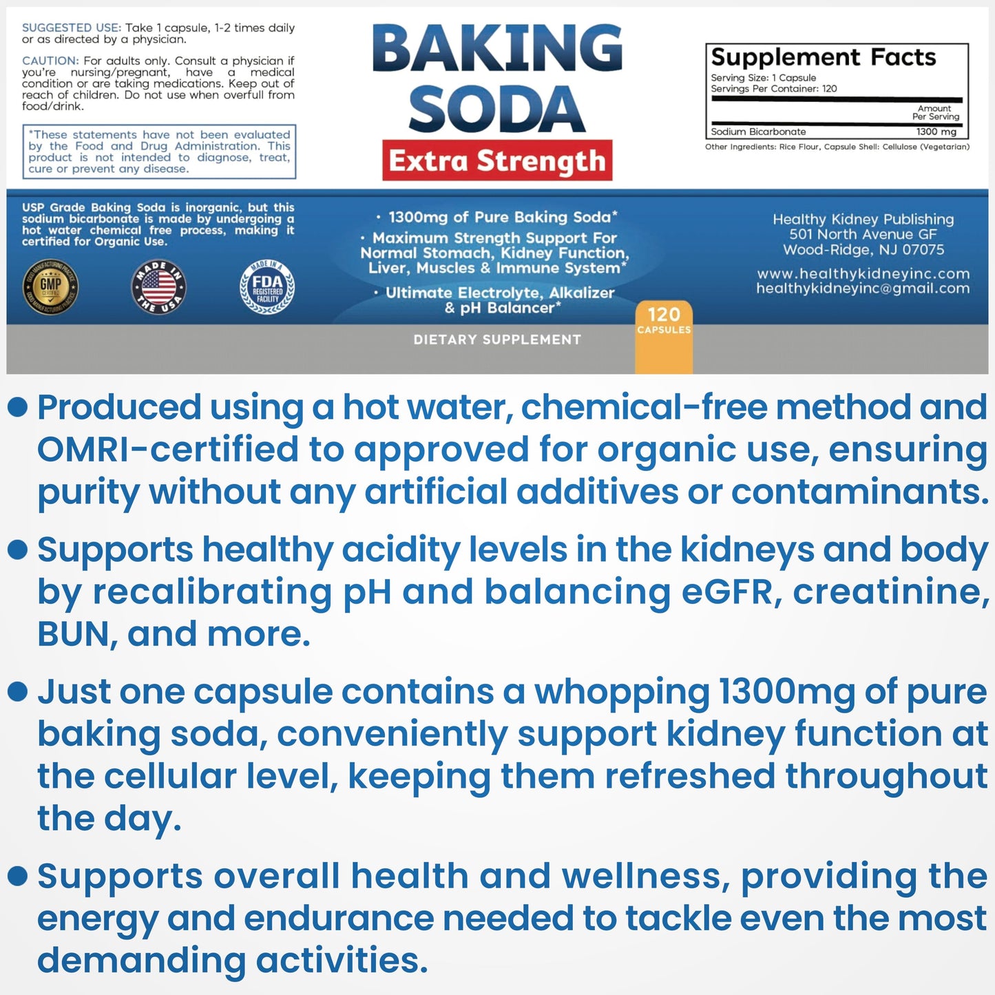 Baking Soda Aluminum Free 1300mg – Extra Strength Organic Capsules