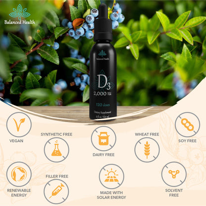 Balance Health D3 2000 IU Liquid Vitamin D Drops – 2 oz, Blueberry Flavor, MCT Oil