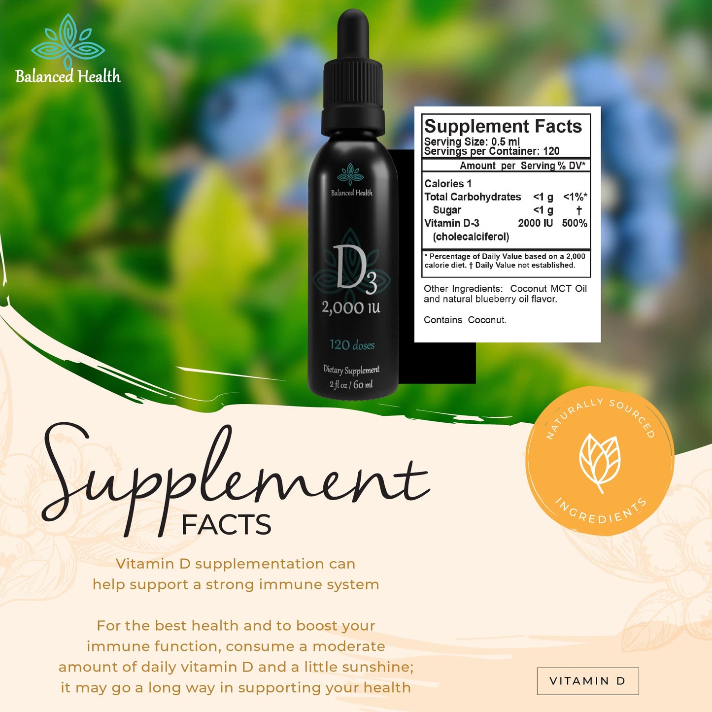 Balance Health D3 2000 IU Liquid Vitamin D Drops – 2 oz, Blueberry Flavor, MCT Oil