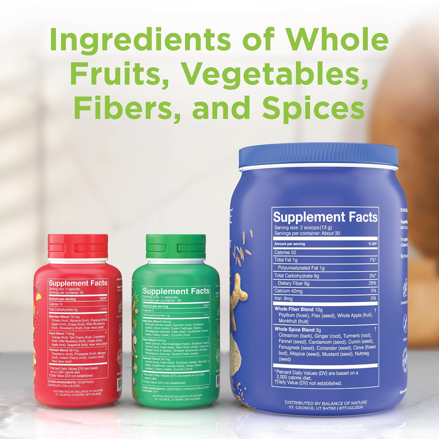 Balance of Nature Whole Health System – Fruits, Veggies & Fiber & Spice Supplements (30 Servings Each)