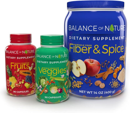 Balance of Nature Whole Health System – Fruits, Veggies & Fiber & Spice Supplements (30 Servings Each)