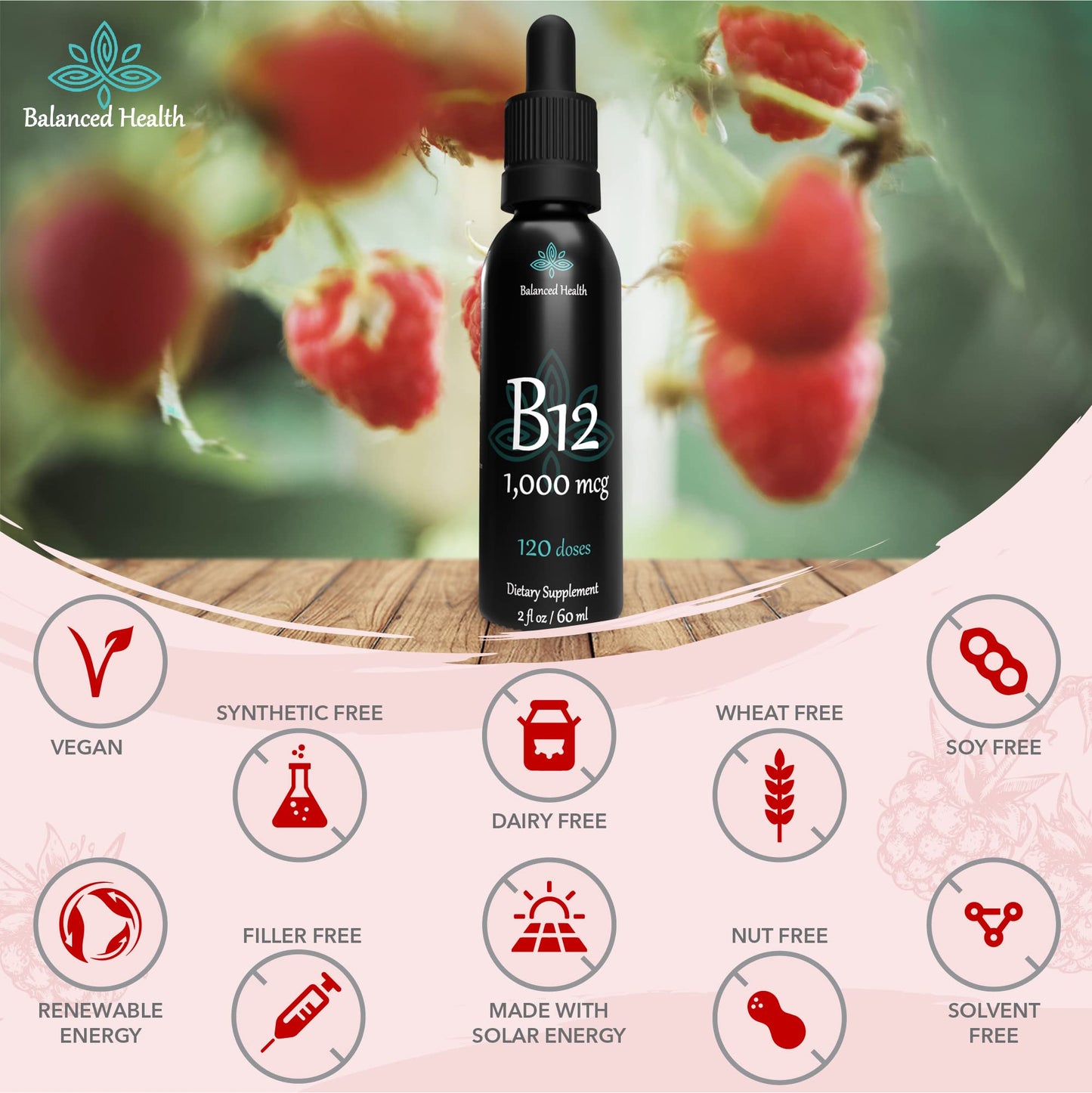 Balanced Health B12 1,000 mcg Sublingual Drops – Raspberry, 2oz, 120 Servings (Pack of 2)