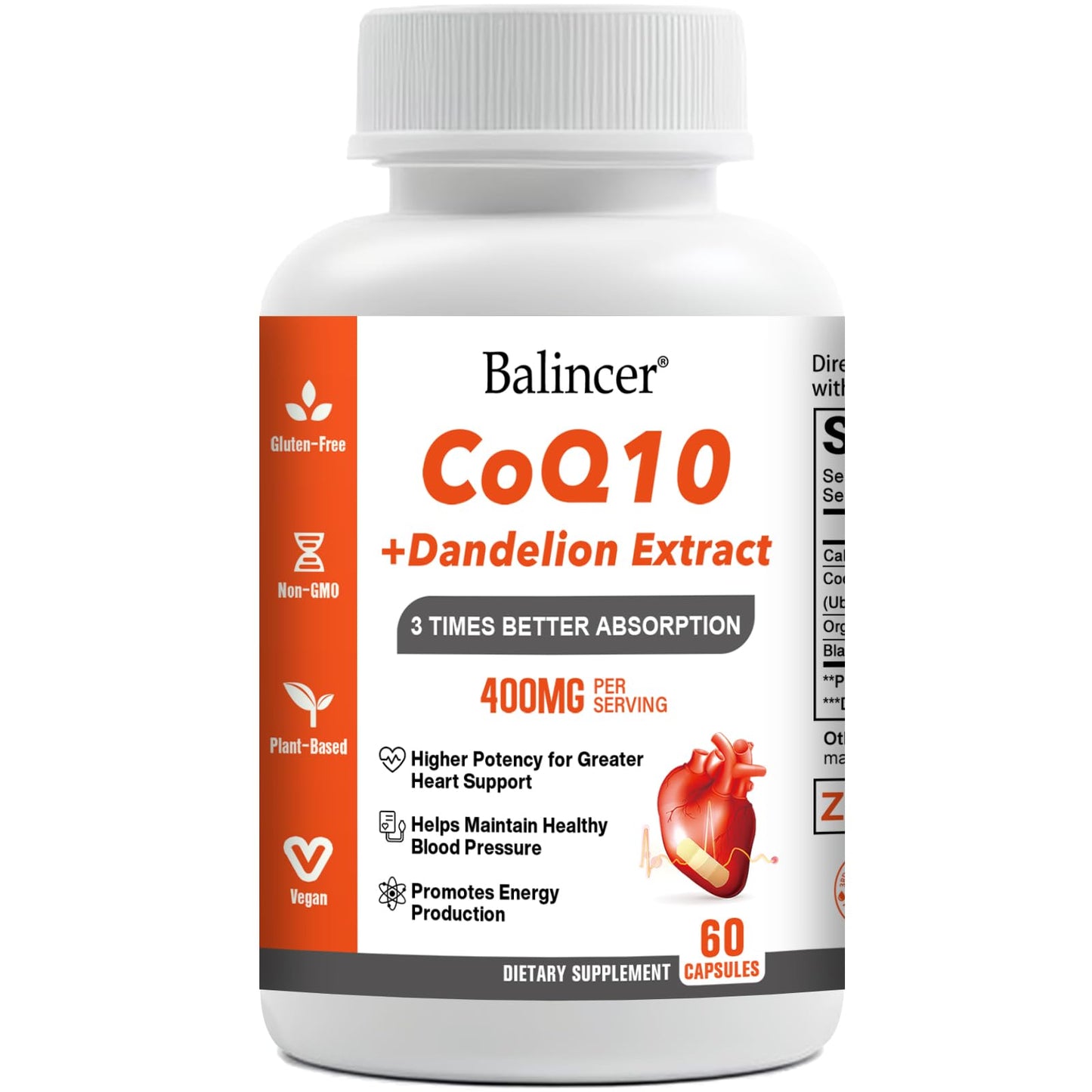 Balincer CoQ10 400mg | 3x Absorption with Organic Dandelion & Black Pepper, 60 Veggie Capsules
