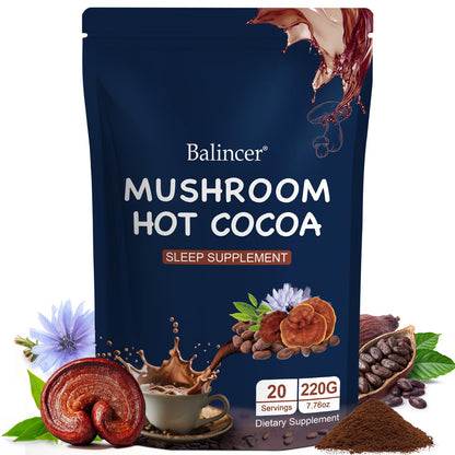 Balincer Mushroom Hot Cocoa Powder - Sleep Support with Reishi, Melatonin & L-Theanine | Vegan, 20 Servings