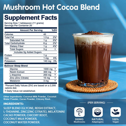 Balincer Mushroom Hot Cocoa Powder - Sleep Support with Reishi, Melatonin & L-Theanine | Vegan, 20 Servings