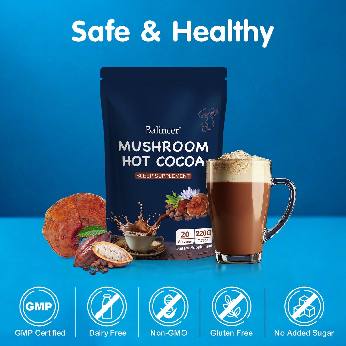 Balincer Mushroom Hot Cocoa Powder - Sleep Support with Reishi, Melatonin & L-Theanine | Vegan, 20 Servings