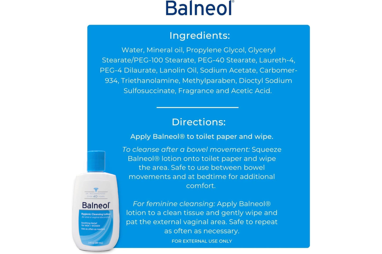 Balneol Hygienic Cleansing Lotion for Sensitive Areas | Gentle, Non-Medicated Relief | USA-Made 3 oz