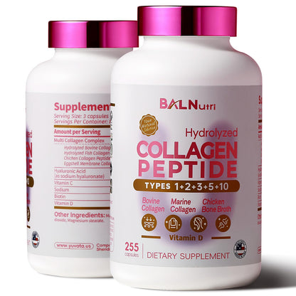 BALNUTRI Collagen Peptide + Hyaluronic Acid – Multi-Collagen Complex for Skin, Hair, Nails & Joints | 255 Capsules