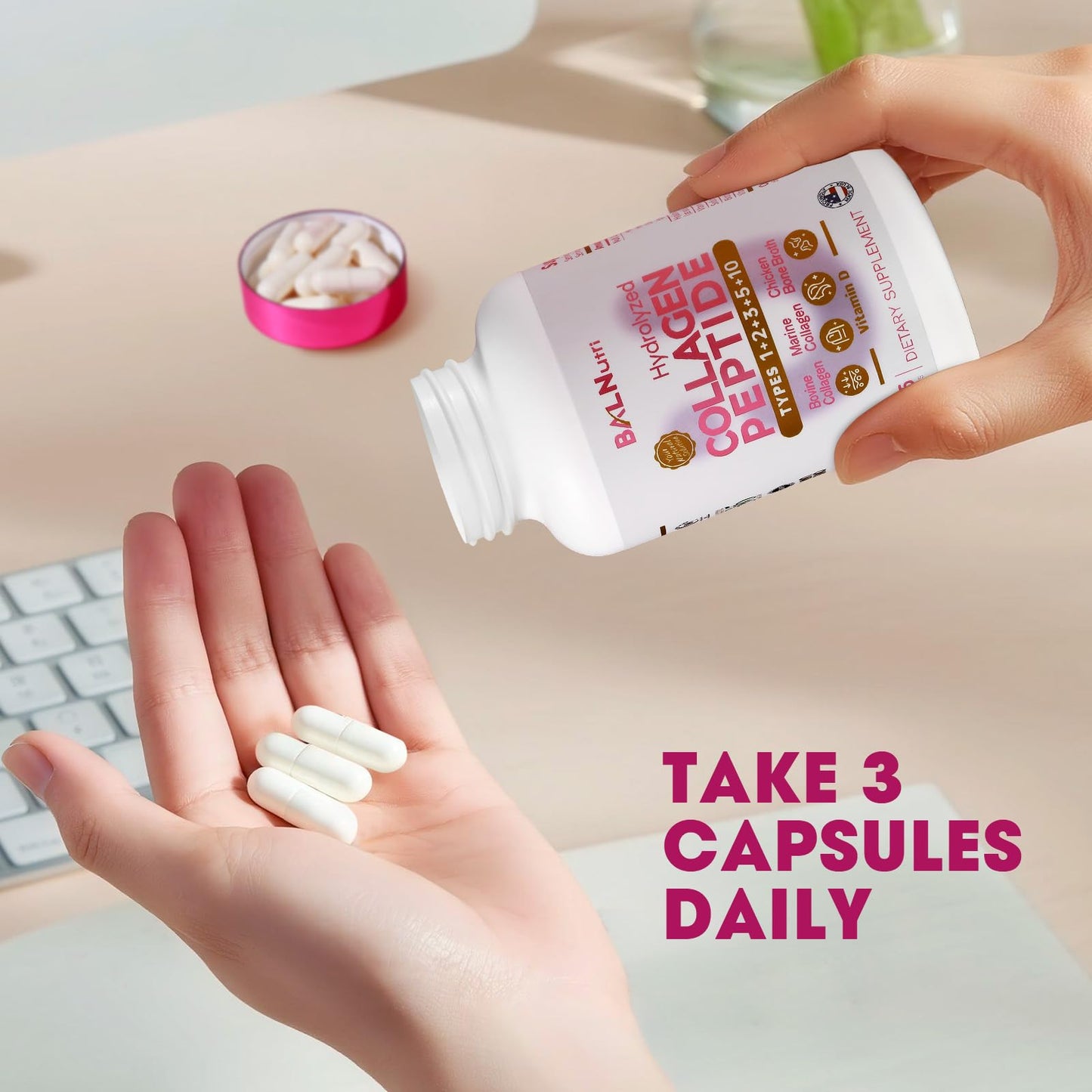 BALNUTRI Collagen Peptide + Hyaluronic Acid – Multi-Collagen Complex for Skin, Hair, Nails & Joints | 255 Capsules