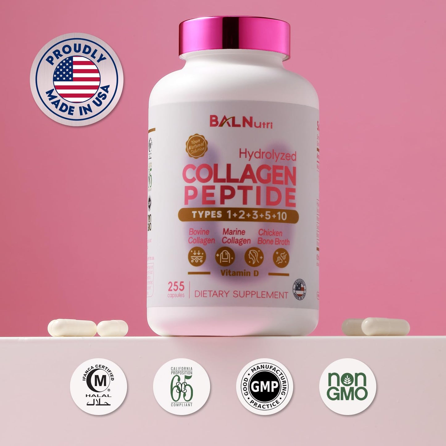 BALNUTRI Collagen Peptide + Hyaluronic Acid – Multi-Collagen Complex for Skin, Hair, Nails & Joints | 255 Capsules
