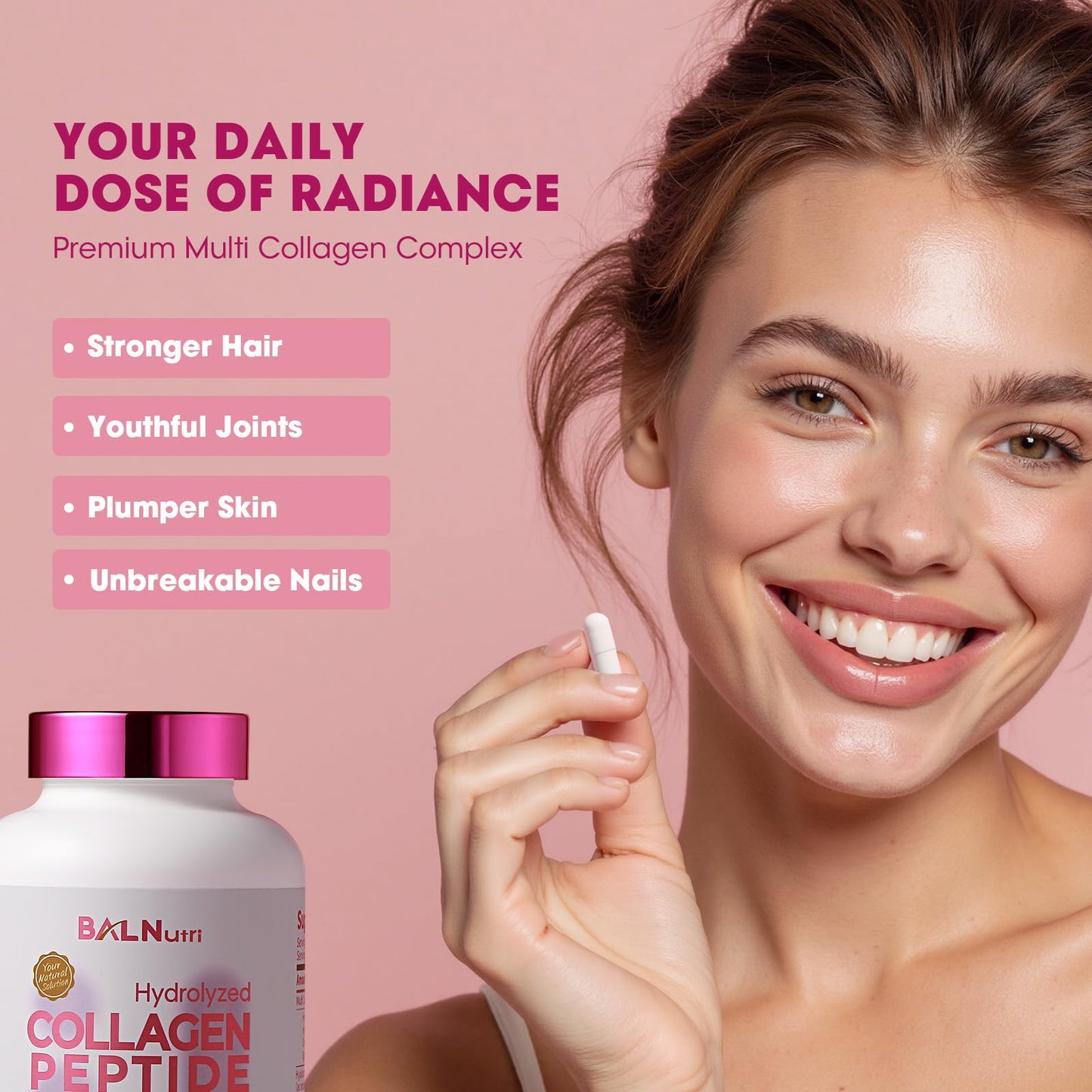BALNUTRI Collagen Peptide + Hyaluronic Acid – Multi-Collagen Complex for Skin, Hair, Nails & Joints | 255 Capsules