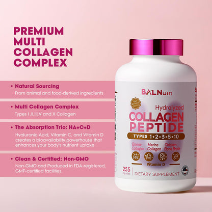 BALNUTRI Collagen Peptide + Hyaluronic Acid – Multi-Collagen Complex for Skin, Hair, Nails & Joints | 255 Capsules
