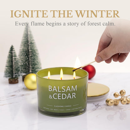 Balsam Cedar Candle – 12oz Soy 3-Wick, 60+ Hour Burn | Luxury Holiday Gift