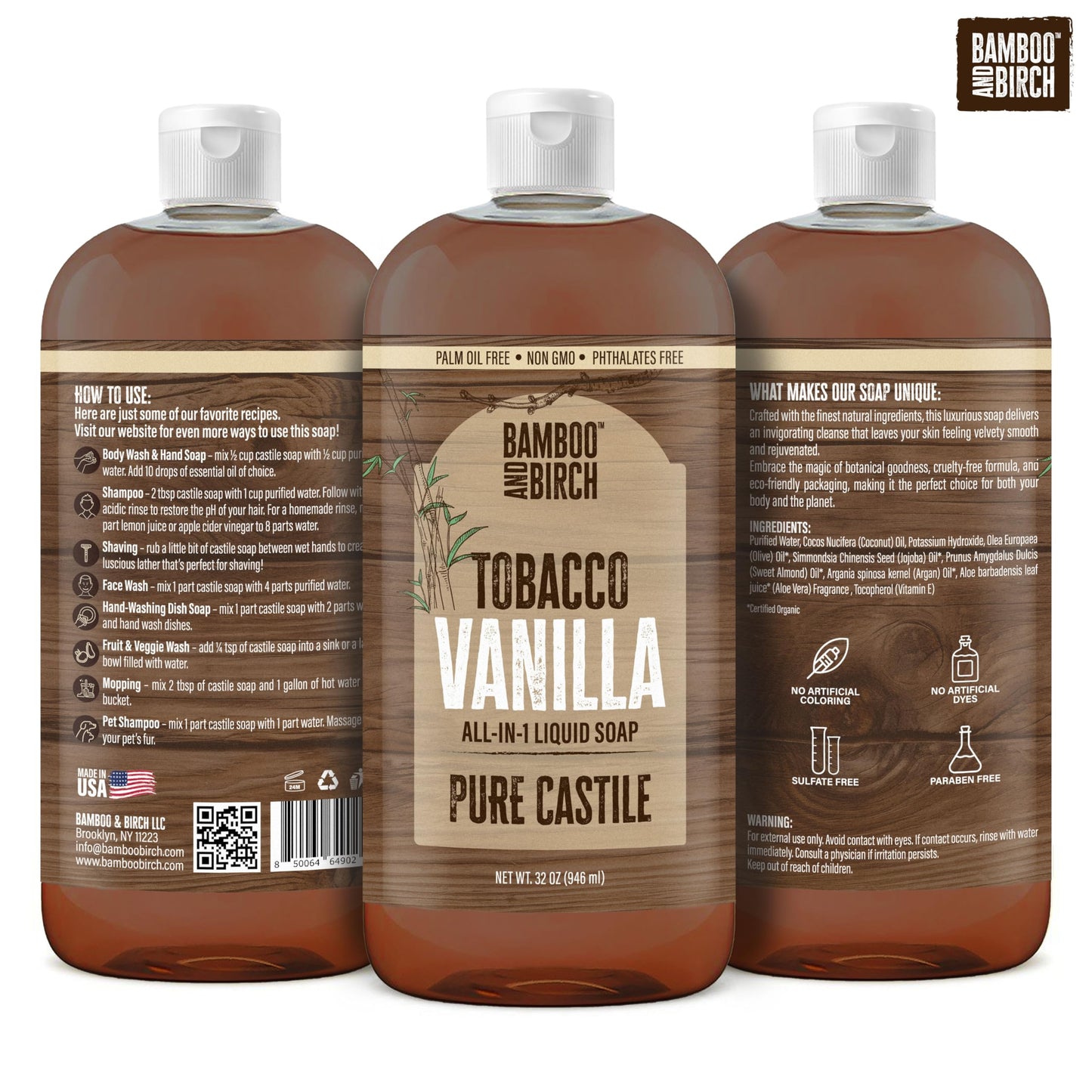 Bamboo and Birch Pure Castile Soap Liquid – Tobacco Vanilla, Palm Oil Free, 32 oz