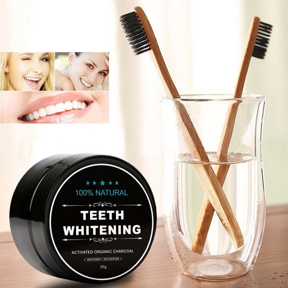 2-Pack Activated Charcoal Teeth Whitening Powder with Bamboo Brush | Coconut Charcoal