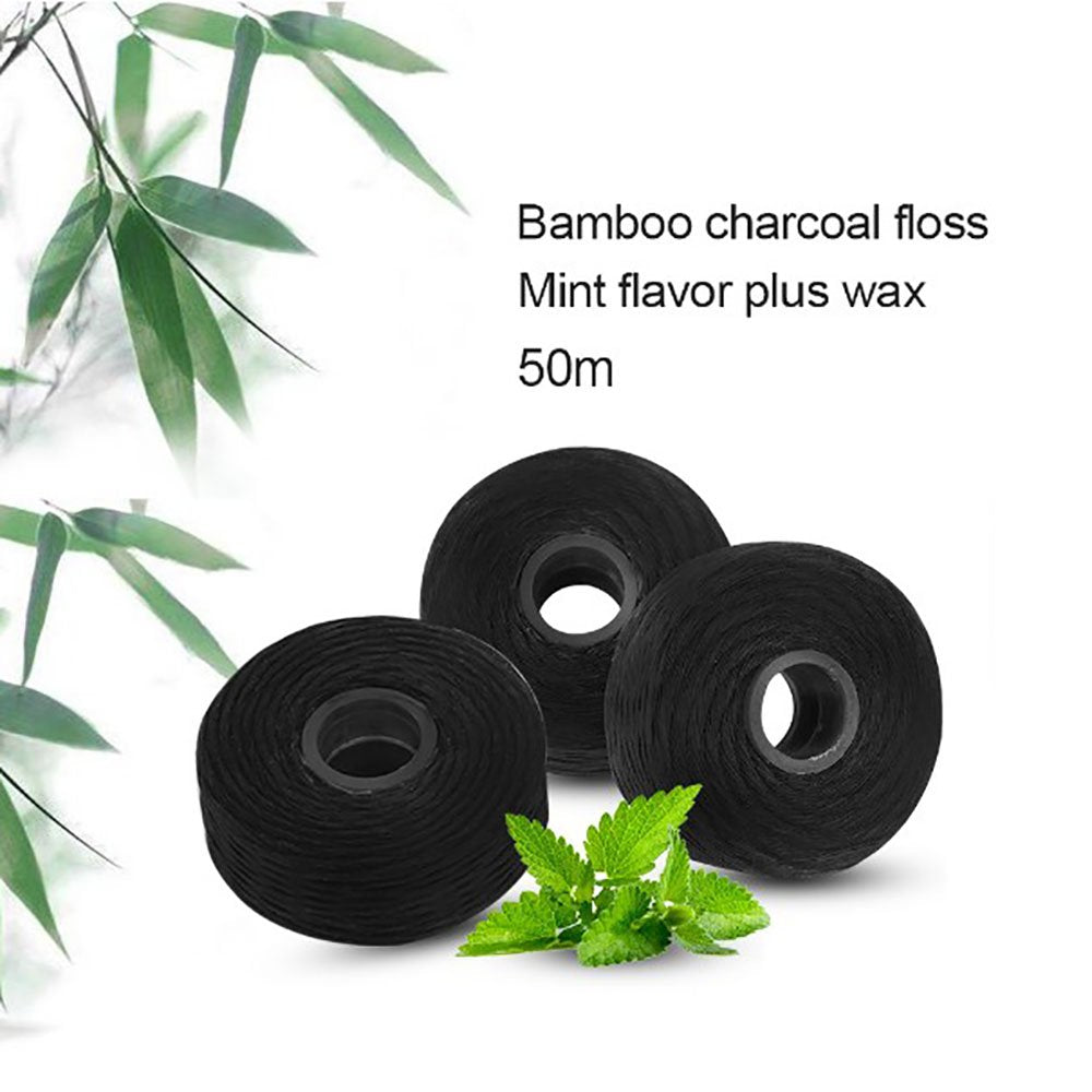 Bamboo Charcoal Dental Floss 8-Pack – Mint, 50M, Built-in Spool (Black)