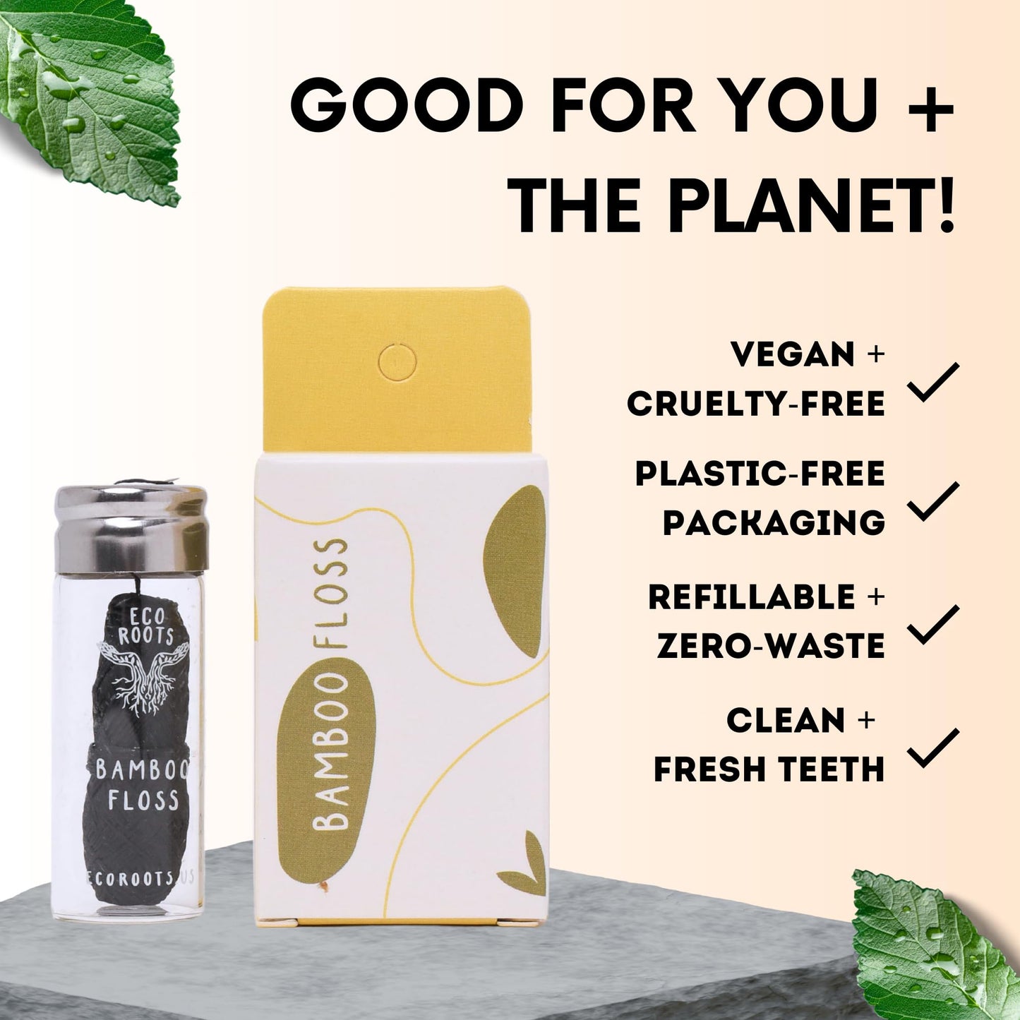 Natural Bamboo Dental Floss – Refillable Glass Jar + 3 Biodegradable Refills (33 yds) – Eco-Friendly, Vegan, Zero Waste