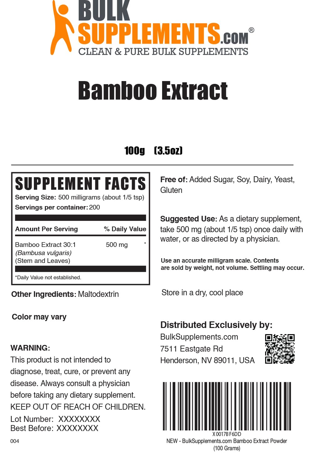 BulkSupplements Bamboo Extract Powder - Silica Supplement, 500 mg per Serving, 100 g Pack of 1