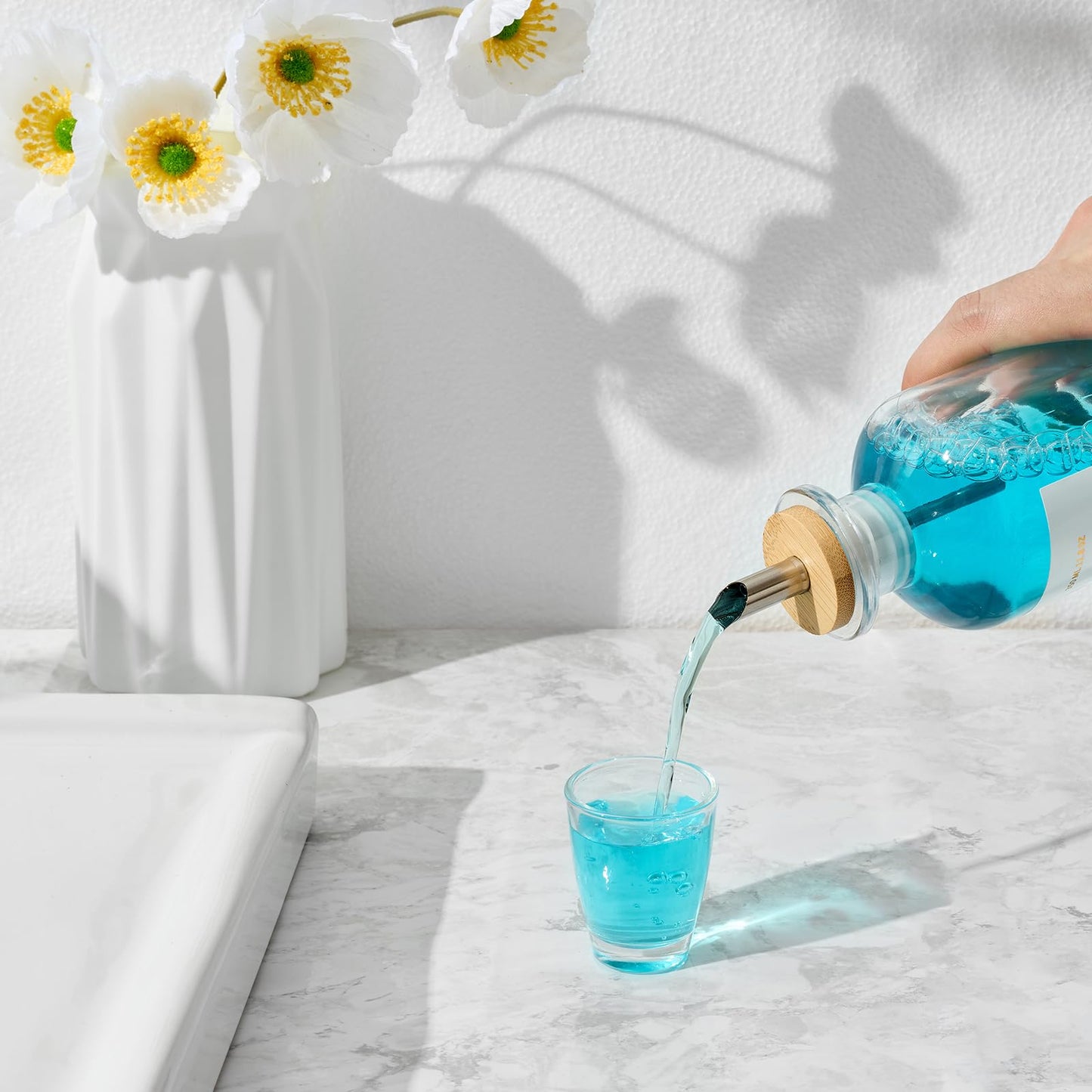 Glass Mouthwash Dispenser for Bathroom – 11.8oz, Stainless Steel Spouts, Bamboo Holder