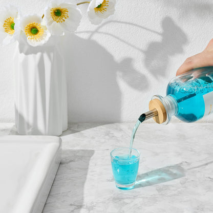 Glass Mouthwash Dispenser for Bathroom – 11.8oz, Stainless Steel Spouts, Bamboo Holder