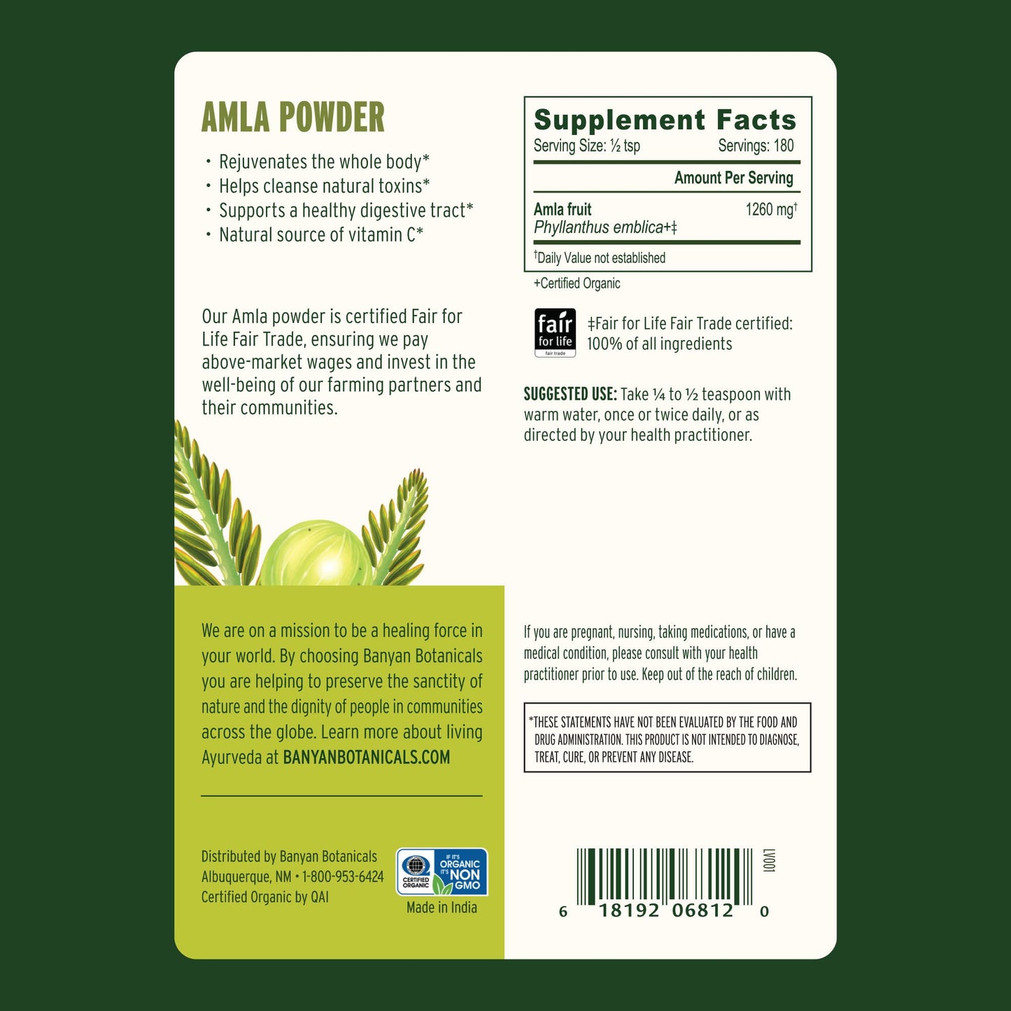 Banyan Botanicals Amla Powder – Organic Amalaki (Phyllanthus Emblica) | Vitamin C & Antioxidants | Digestion Support – 1/2 lb – Non-GMO