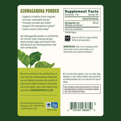 Banyan Botanicals Ashwagandha Powder – Organic, Non-GMO, 1lb
