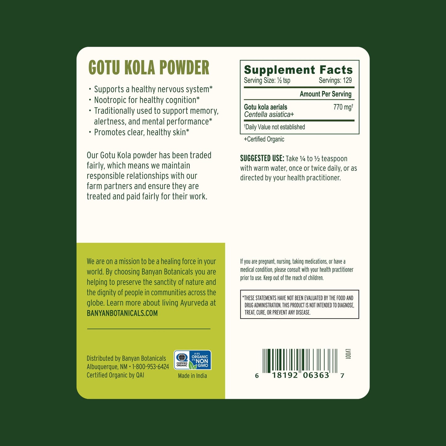 Banyan Botanicals Gotu Kola Powder – Organic Brahmi (Centella Asiatica)