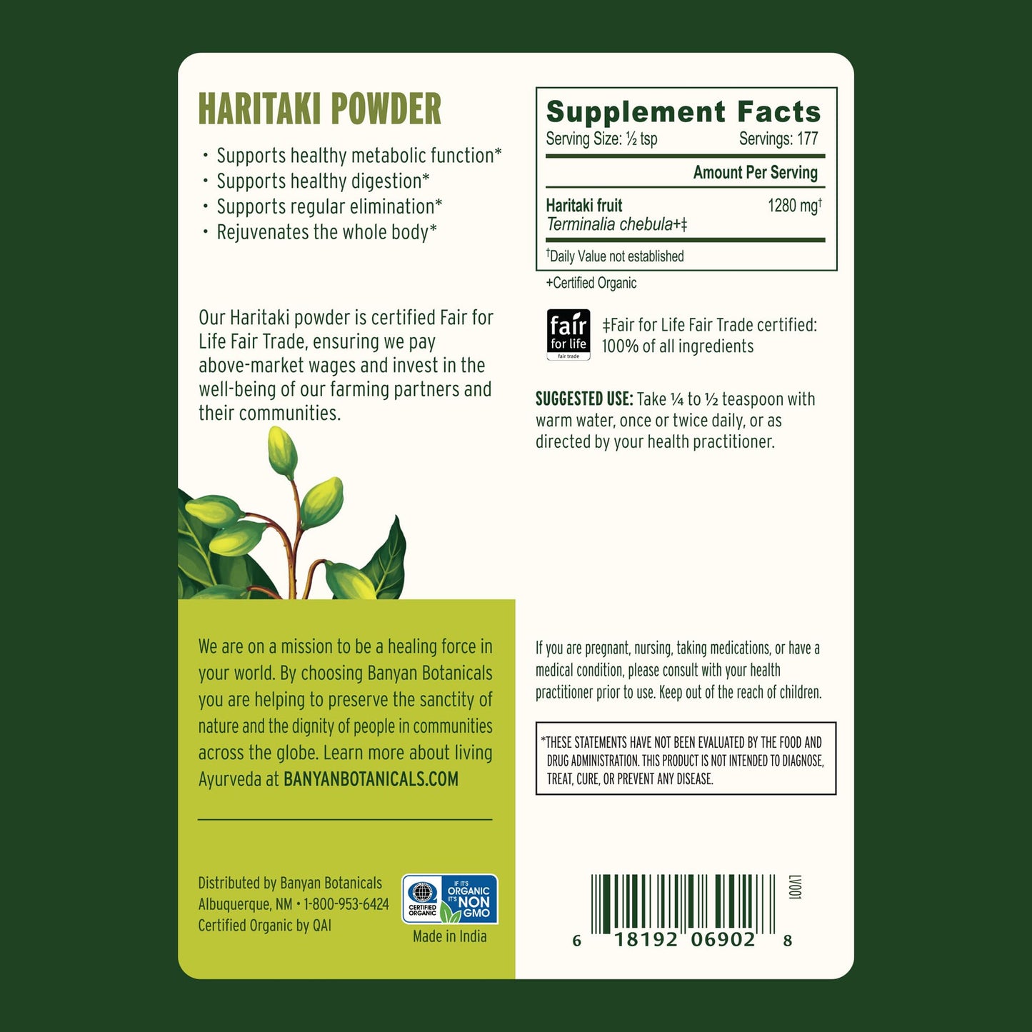 Banyan Botanicals Haritaki Powder – Organic Terminalia chebula for Digestion (½ lb)