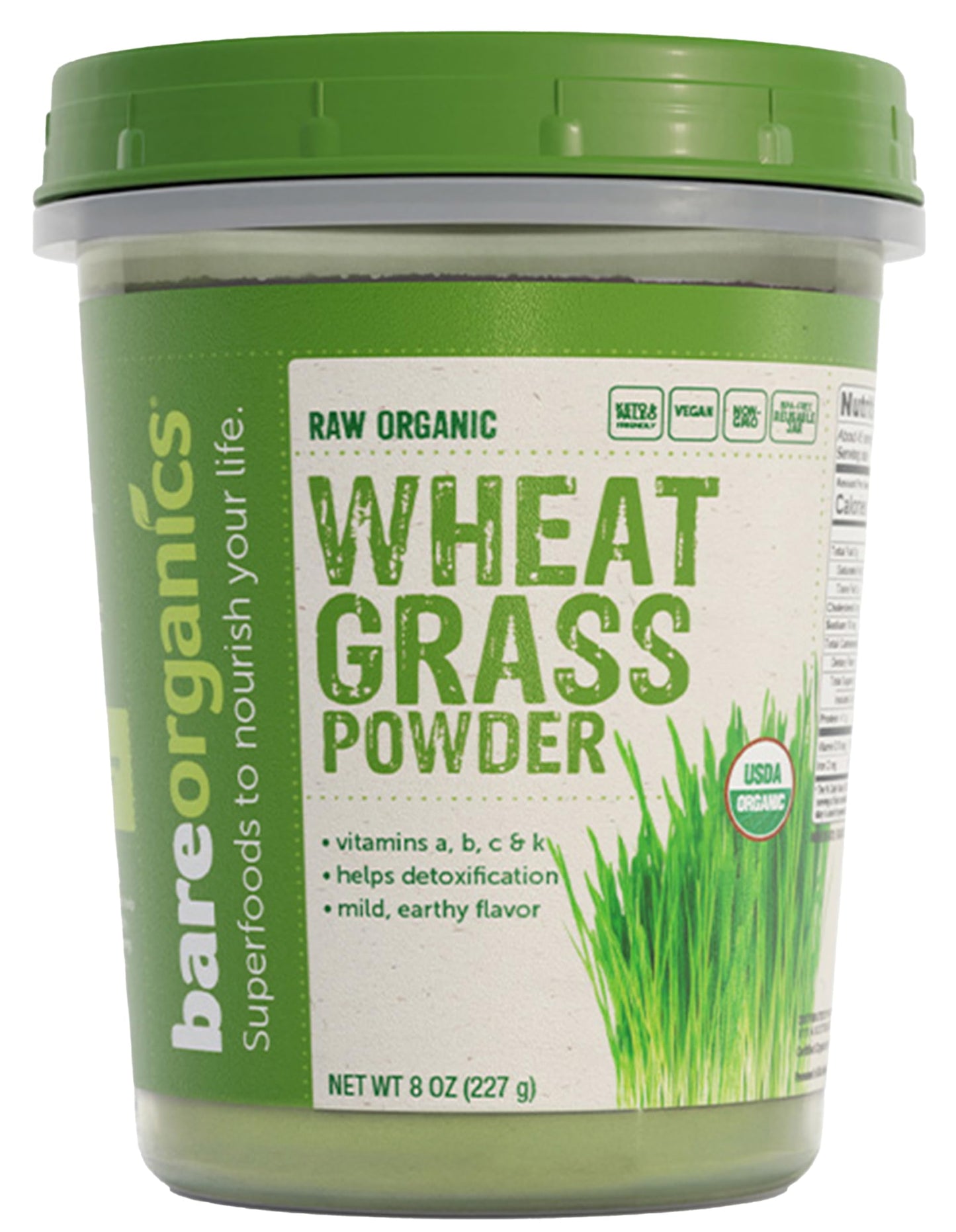 BareOrganics Wheatgrass Powder - Organic, Vegan Dietary Supplement, 8 oz (Pack of 1)