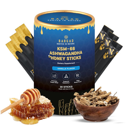 Bargad KSM-66 Ashwagandha Honey Sticks | 400mg Adaptogenic Support | Relaxation, Sleep, Focus & Energy | Premium Organic Honey | 30 Count