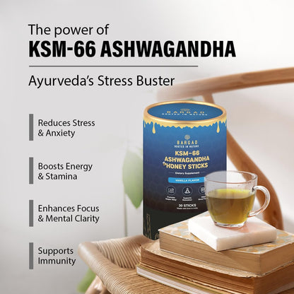 Bargad KSM-66 Ashwagandha Honey Sticks | 400mg Adaptogenic Support | Relaxation, Sleep, Focus & Energy | Premium Organic Honey | 30 Count