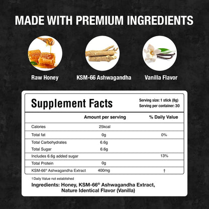 Bargad KSM-66 Ashwagandha Honey Sticks | 400mg Adaptogenic Support | Relaxation, Sleep, Focus & Energy | Premium Organic Honey | 30 Count