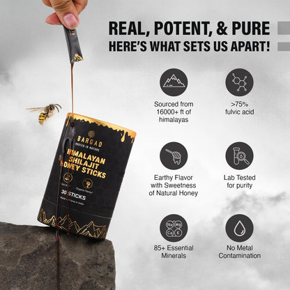 Bargad Pure Himalayan Shilajit Honey Sticks with Saffron – 30 Count | 75%+ Fulvic Acid & 85+ Trace Minerals