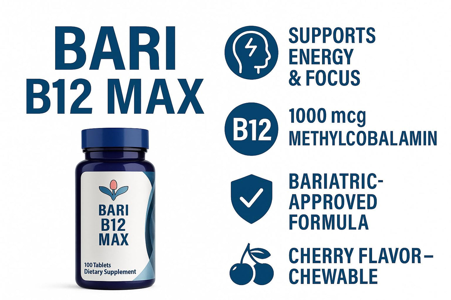 Bari B12 Max – 1000mcg Methylcobalamin Chewable Vitamin B12 for Bariatric & GLP-1 Patients | 100 Tablets | Allotro Body Labs | Made in USA