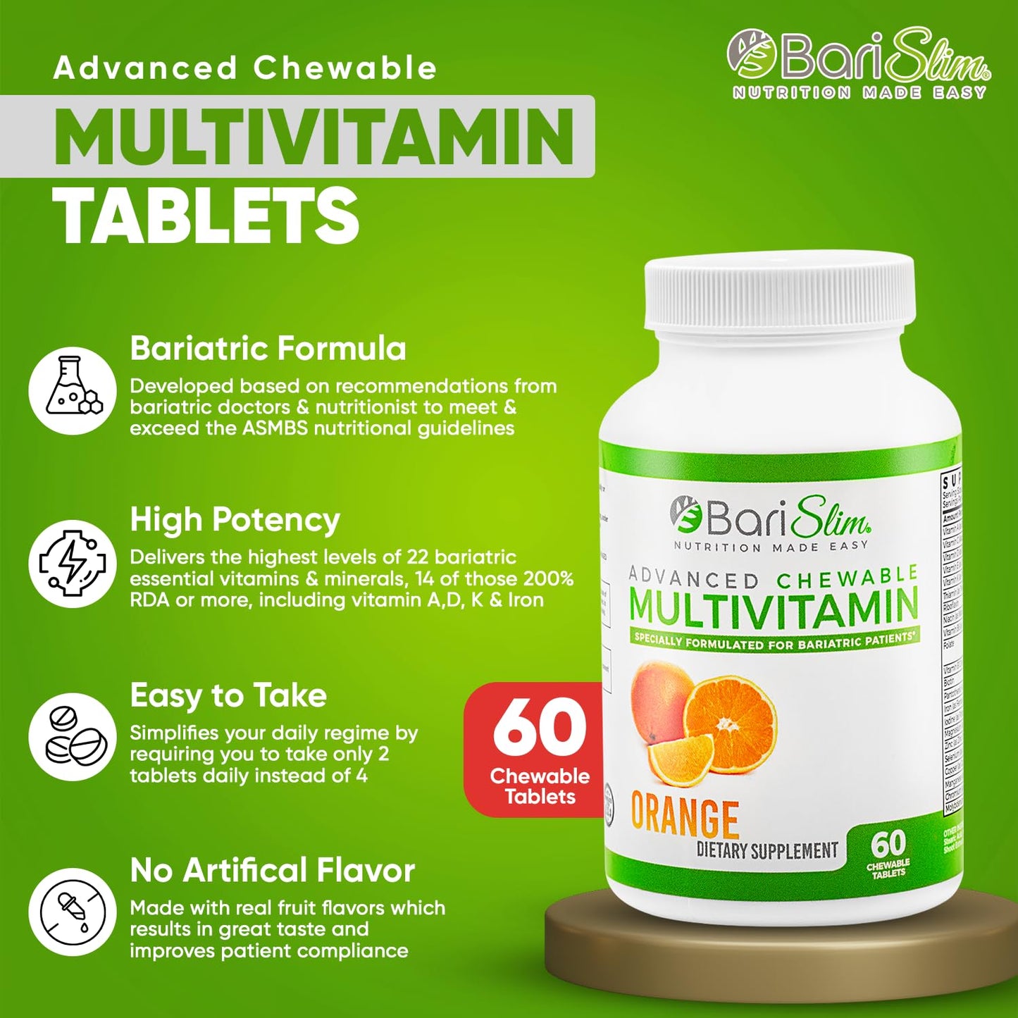 BariSlim Advanced Chewable Bariatric Multivitamin Tablets – Post-Bariatric Vitamin (Gastric Bypass & Sleeve) Orange | 60 Count