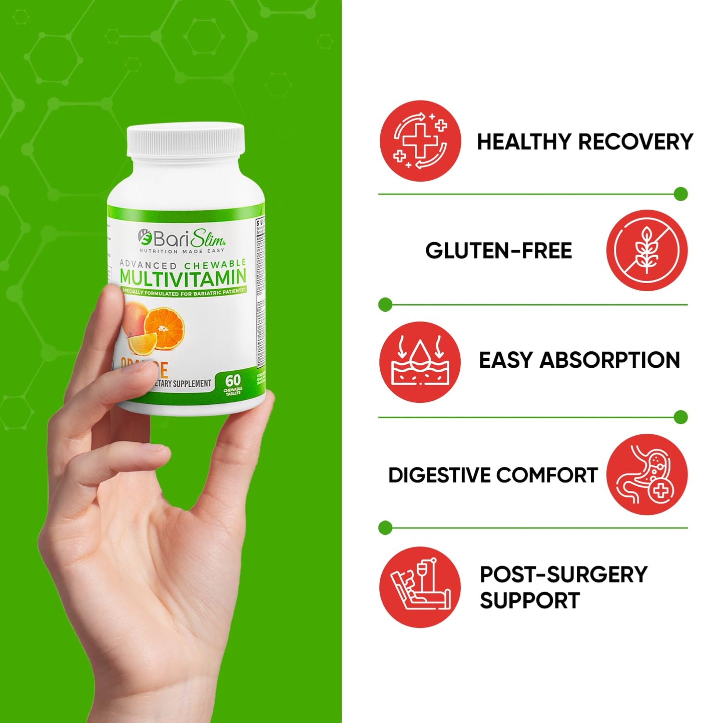 BariSlim Advanced Chewable Bariatric Multivitamin Tablets – Post-Bariatric Vitamin (Gastric Bypass & Sleeve) Orange | 60 Count