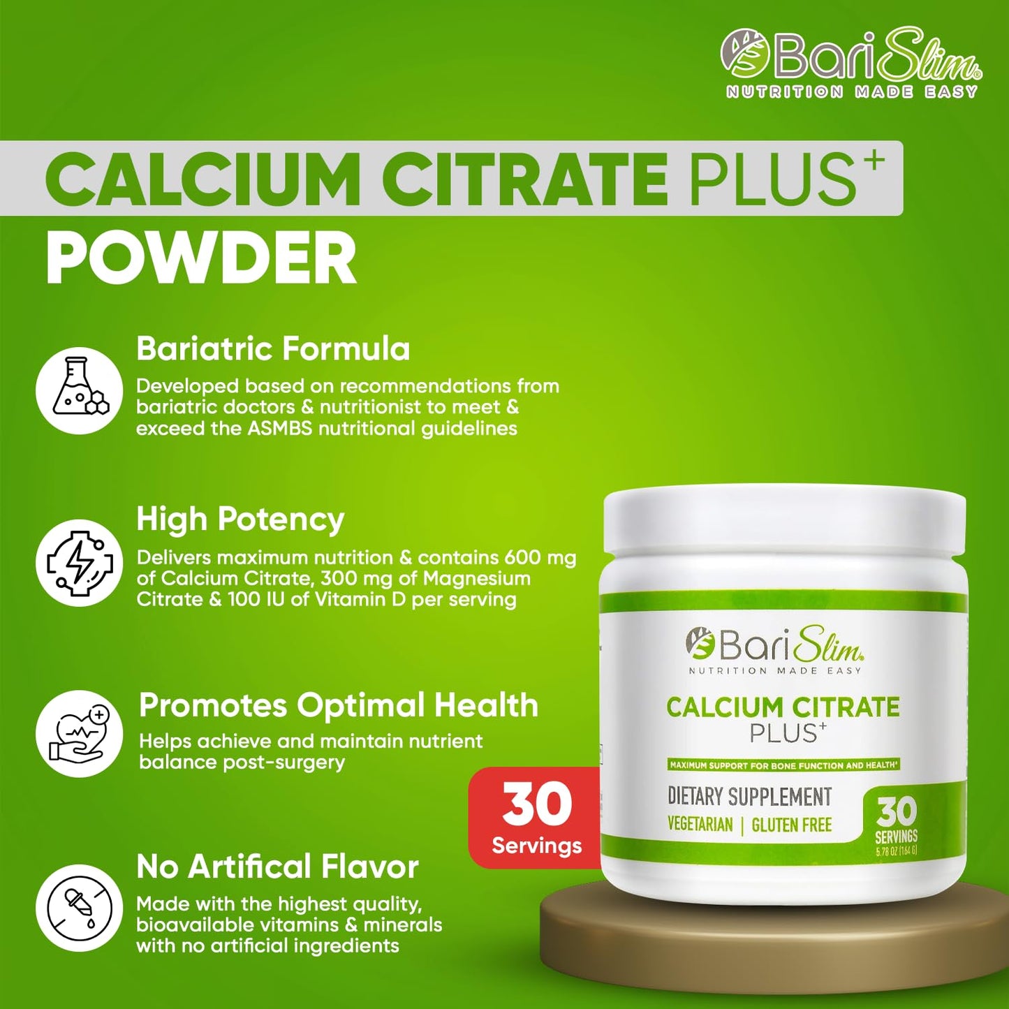 BariSlim Bariatric Calcium Citrate Powder – Post-Weight Loss Surgery Support | 600 mg, 30 Servings