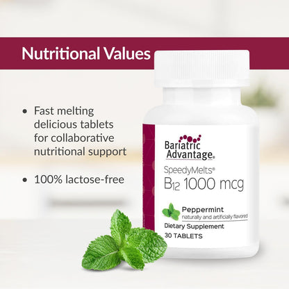 Bariatric Advantage B-12 Speedy Melts – 1000 mcg B12 + 200 mcg Folic Acid, Peppermint, 30 Count