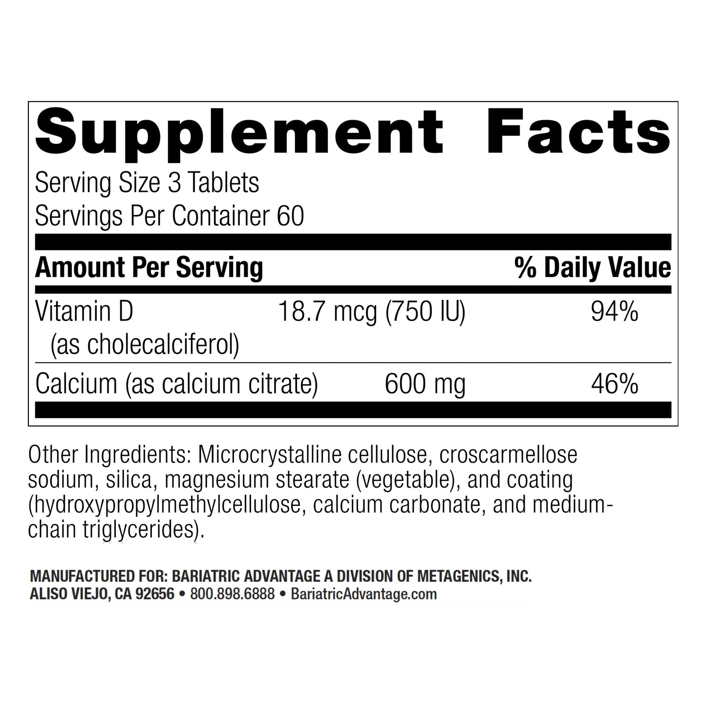 Bariatric Advantage Calcium Citrate 600 mg Non-Chewable | Vitamin D3 | 180 Tablets