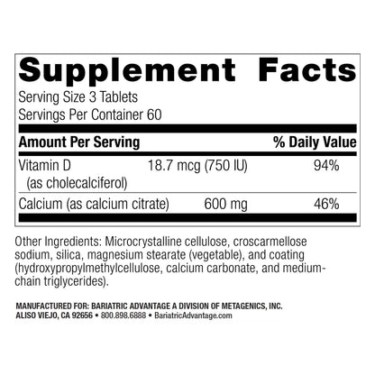 Bariatric Advantage Calcium Citrate 600 mg Non-Chewable | Vitamin D3 | 180 Tablets