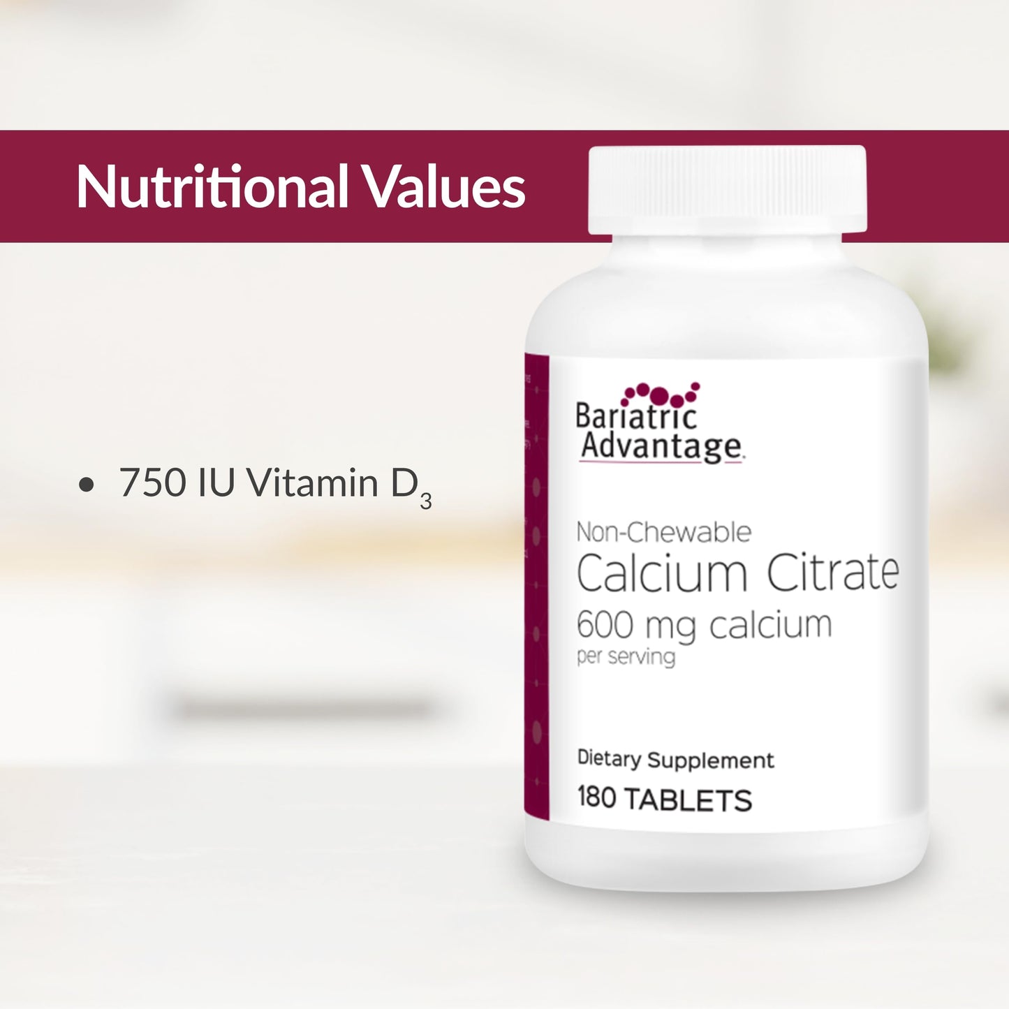 Bariatric Advantage Calcium Citrate 600 mg Non-Chewable | Vitamin D3 | 180 Tablets