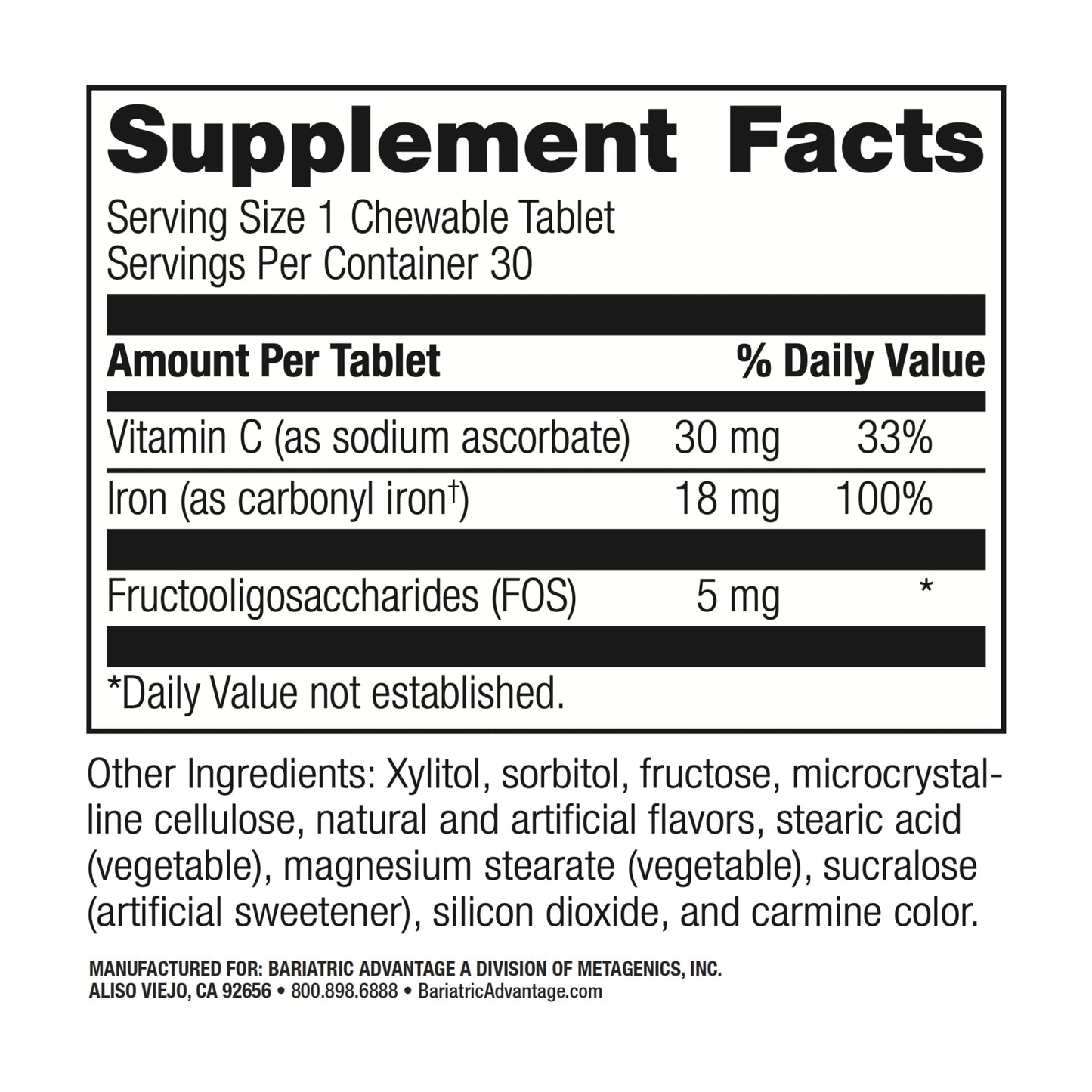 Bariatric Advantage Iron 18 mg with Vitamin C Chewable – Strawberry – 30 Tablets